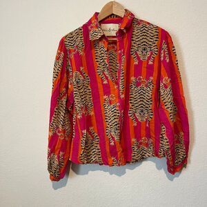 Fox & Hen Tiger Stripe Top Button Up Orange Pink Women’s Large